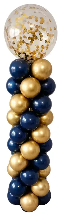 Navy and gold balloon column with a confetti topper